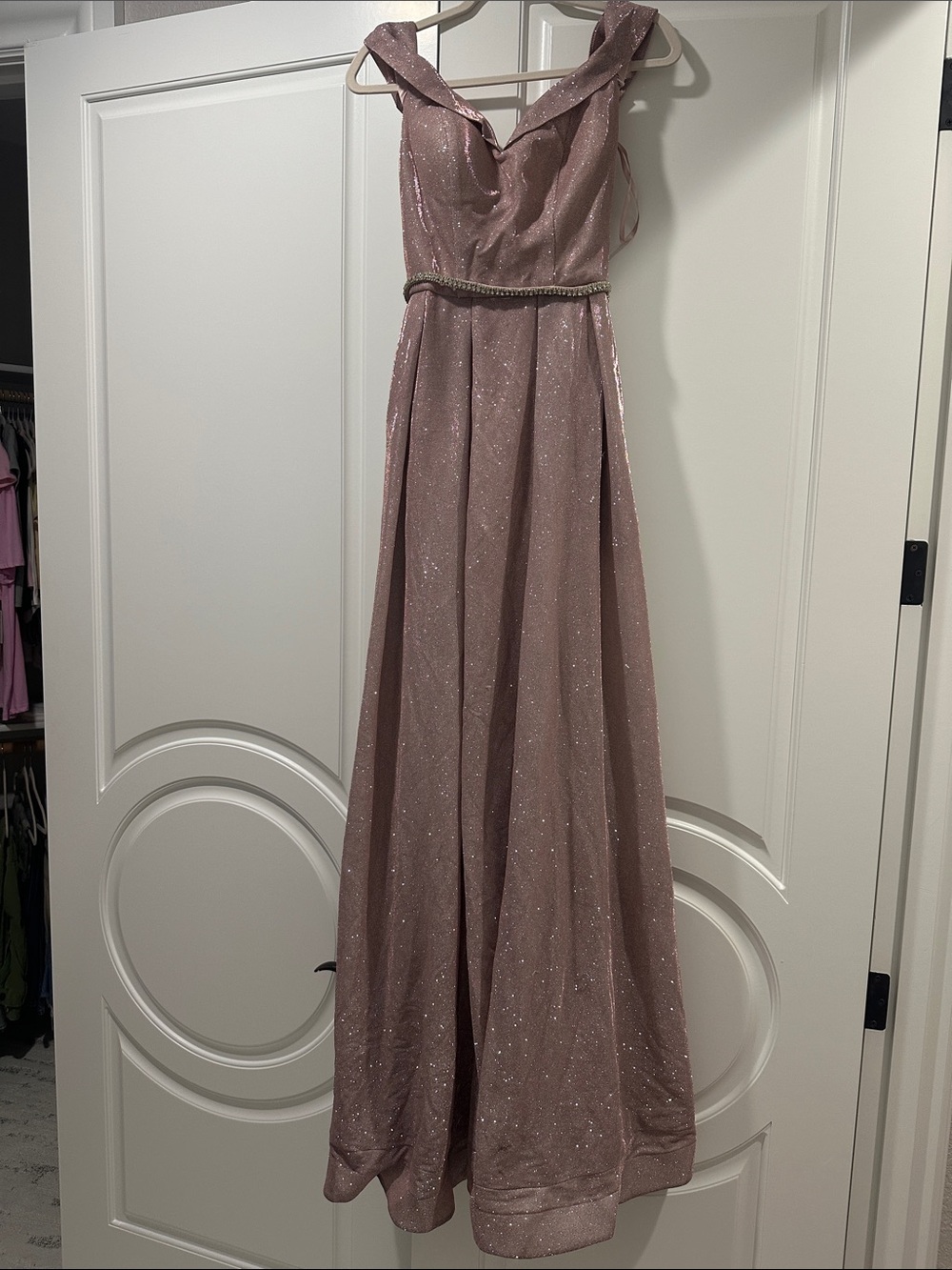 Pink sparkly long dress with rhinestone belt size 0
